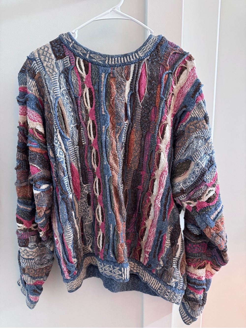 Chunky Multi-Color Cable Knit Sweater - Blue/Pink Accent
